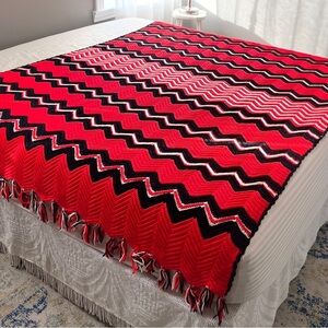 Vintage Chevron Afghan Blanket Red Black White | Fringed Knit Throw | 82” x 65”